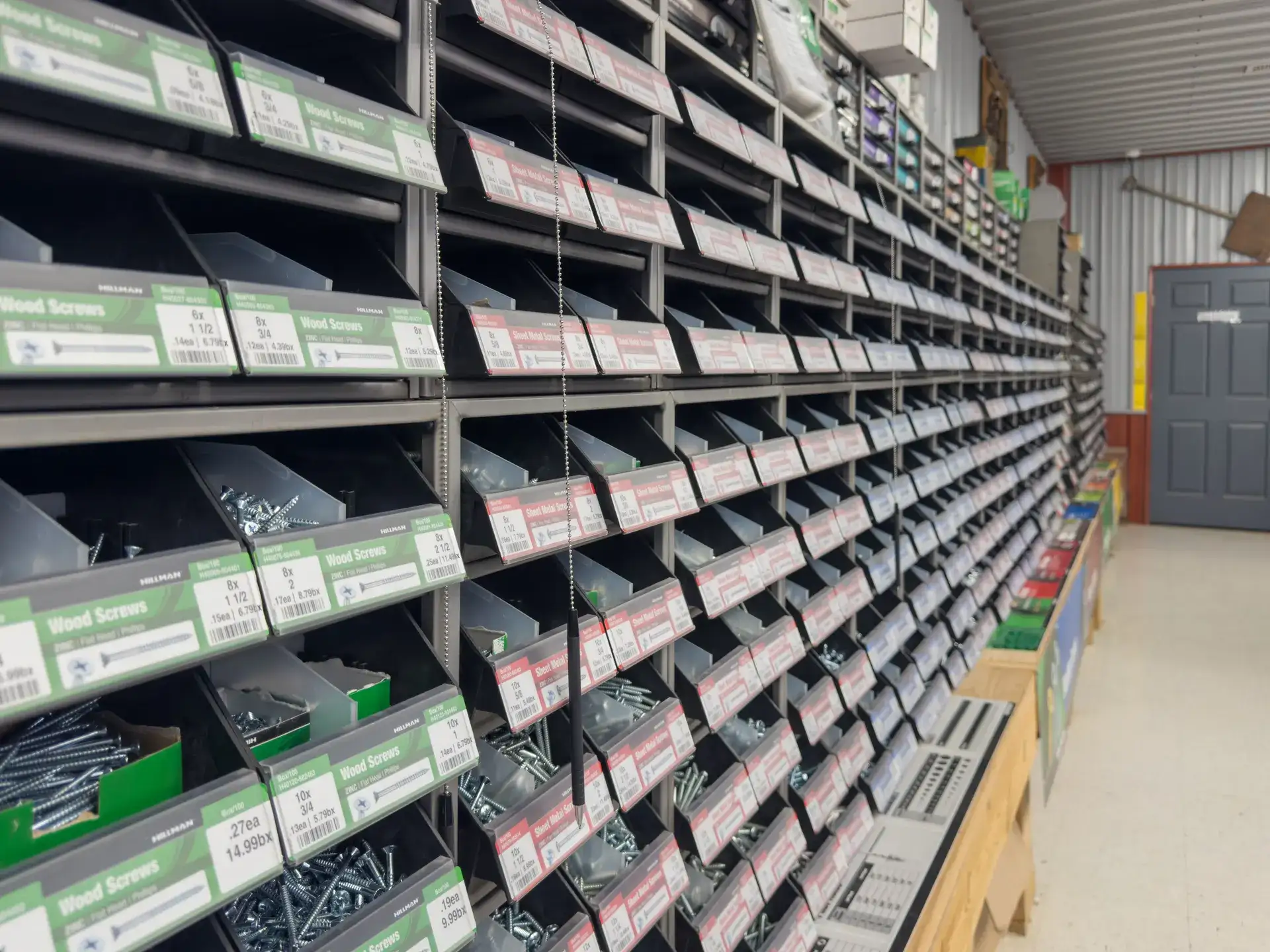 Bulk wood screw and sheet metal screw bins at Mullins Supply Barn