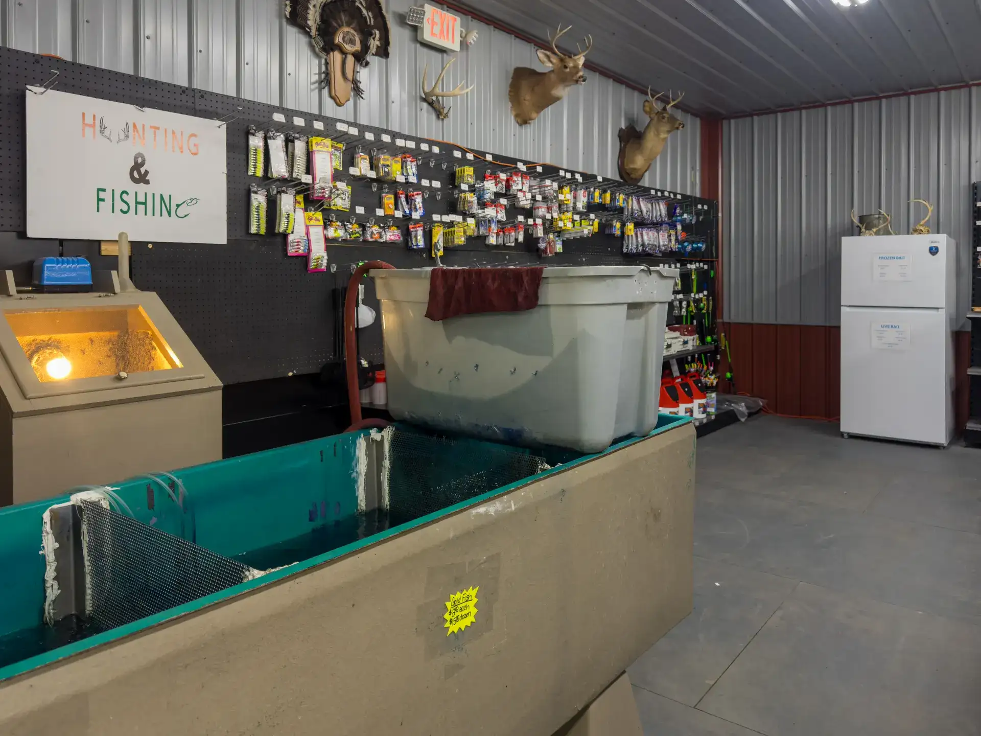Live bait tanks and the tackle wall at Mullins Supply Barn
